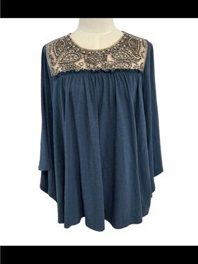 Velvet by Graham & Spencer Blue Embellished Yoke Women's Top